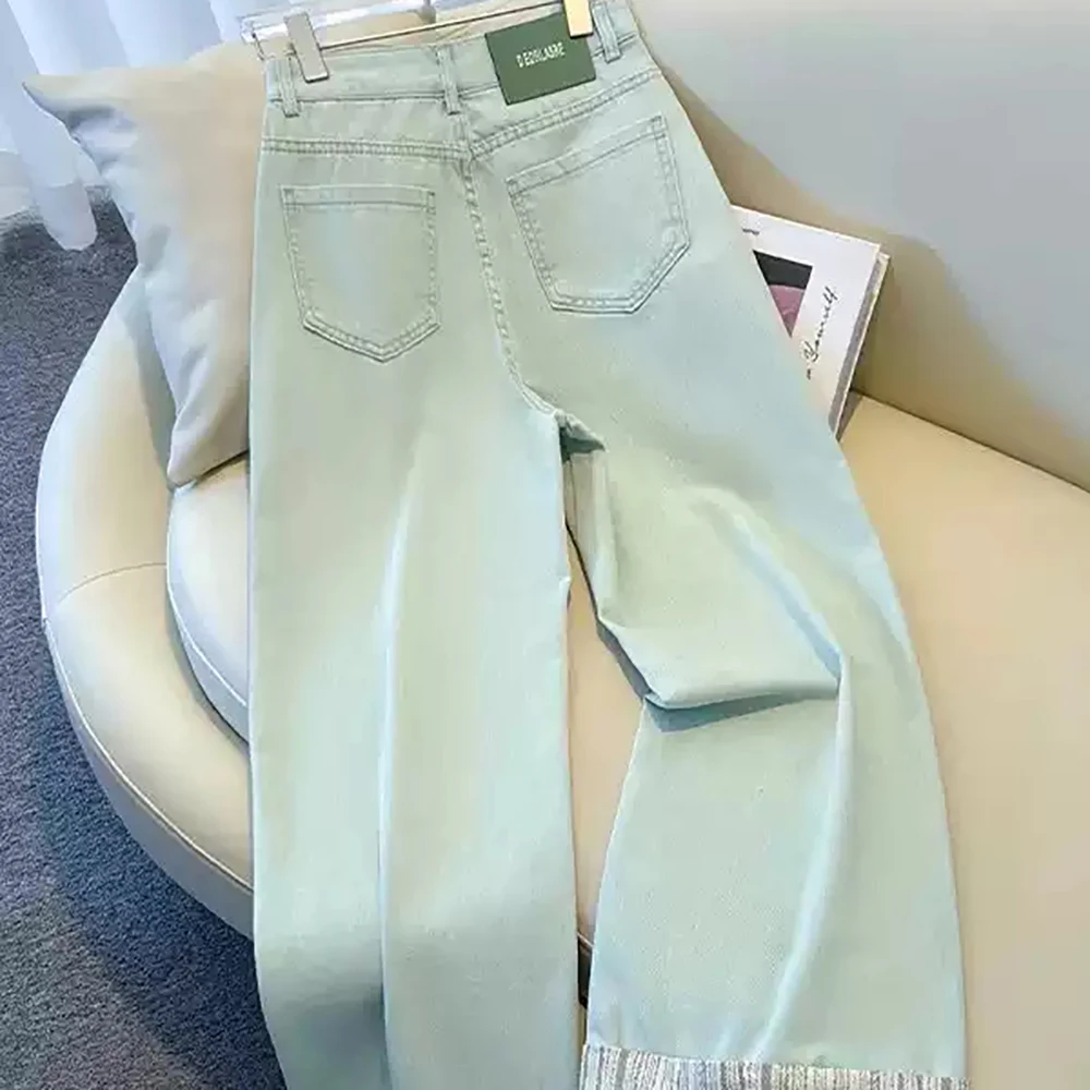 2025 韓国の新シックなハイウエストデニムパンツ女性のカジュアルオールマッチストレートワイドレッグロングジーンズ春夏固体ズボン