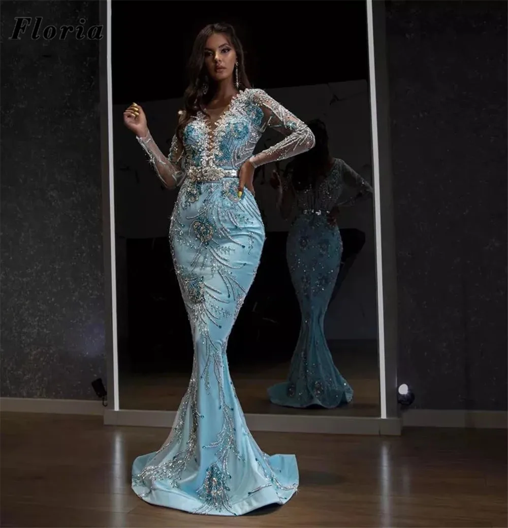 Floria Arabic African Blue Beaded Evening Dresses Vestidos Two Pieces Rhinestone Red Carpet Pageant Dress Party Gowns For Prom