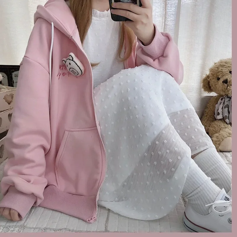 Kawaii Hoodies Cute Pig Women Winter Fashion Pink Hoodies Oversized Japanese Style Long Sleeve y2k Tops Velvet Sweatshirt Women