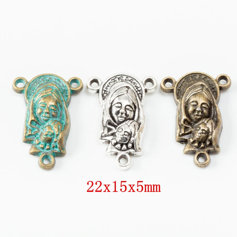 50pcs 22*15MM Alloy Retro Blue Jewelry Religious Belief Necklace Diy Three Hanging Hole Virgin Mary Head Pendant, Autumn And Win