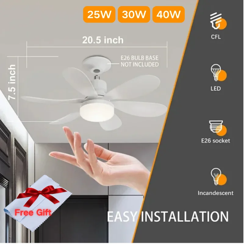 Image of LED 40W Deckenventilator mit Licht, 20,5 Zoll Schraubdeckenventilator mit Beleuchtung und Fernbedienung, für Schlafzimmer/Garage/Küche
