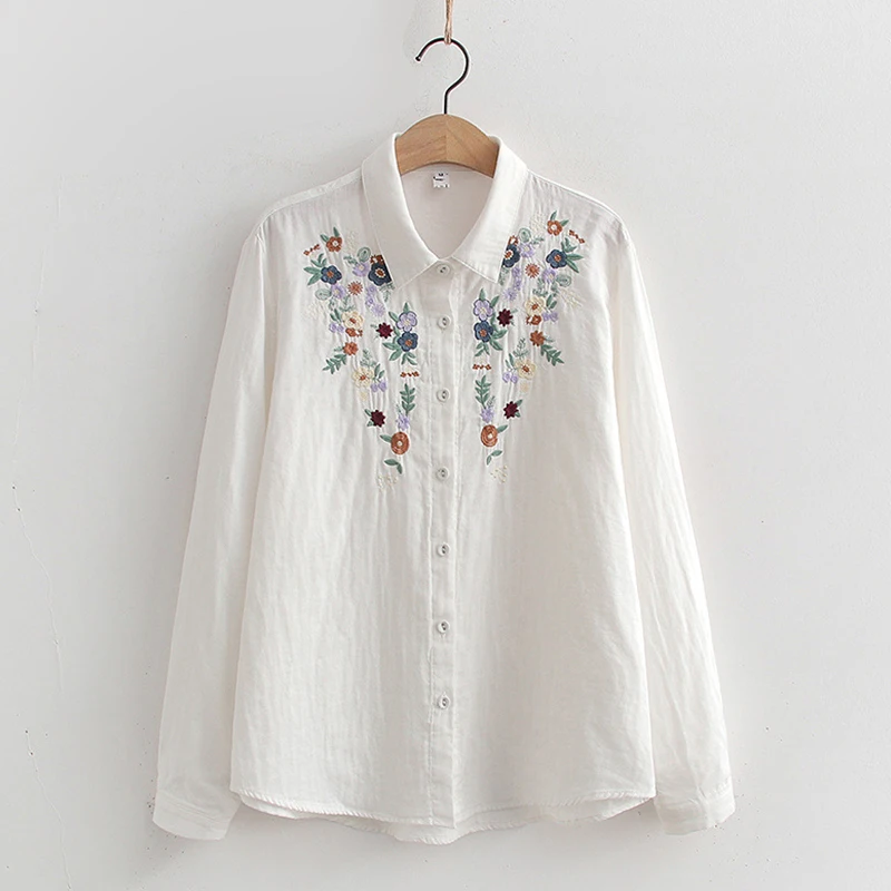 New Spring Autumn Women Double-layer Yarn Embroidery Flower Shirt White Gray Color Long Sleeved Female Cotton Blouse Tops U276