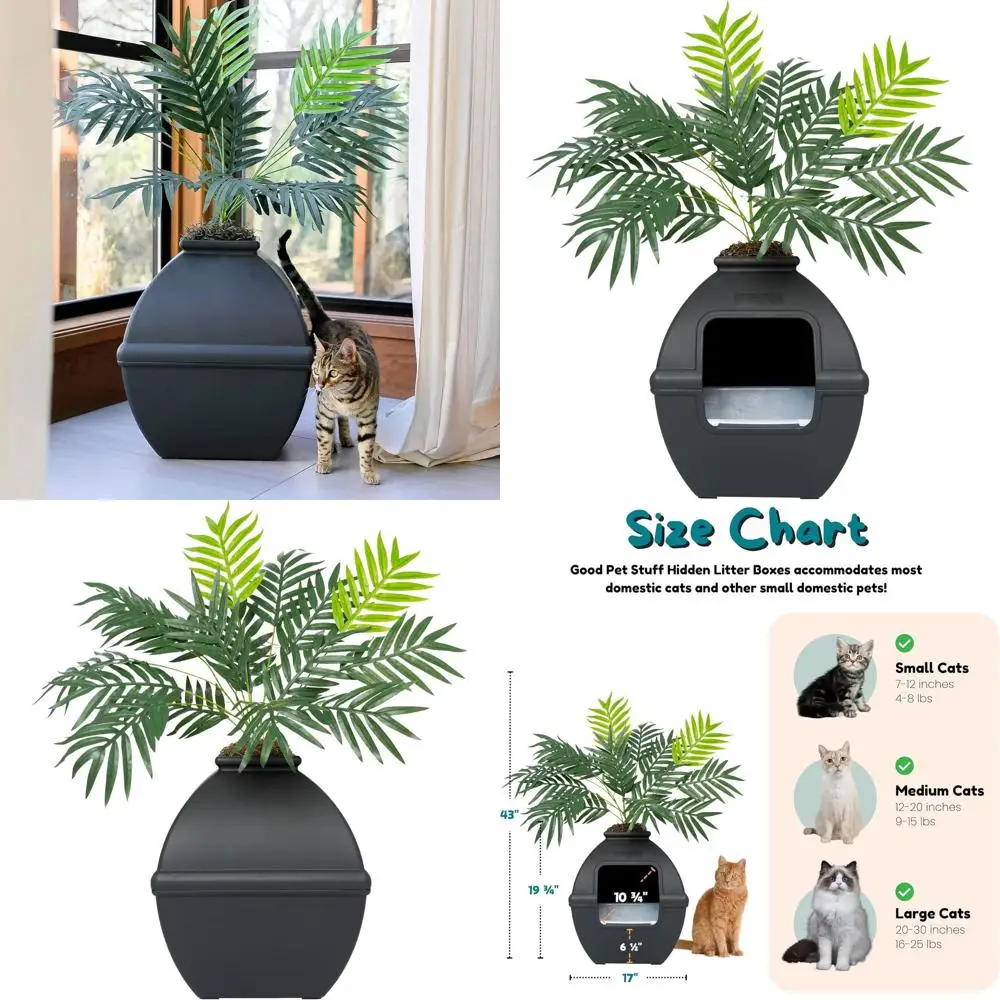 

Artificial Plant Litter Box Enclosure with Removable Tray, Odor Control, Easy Clean, USA Made, Essentials Kit, Black