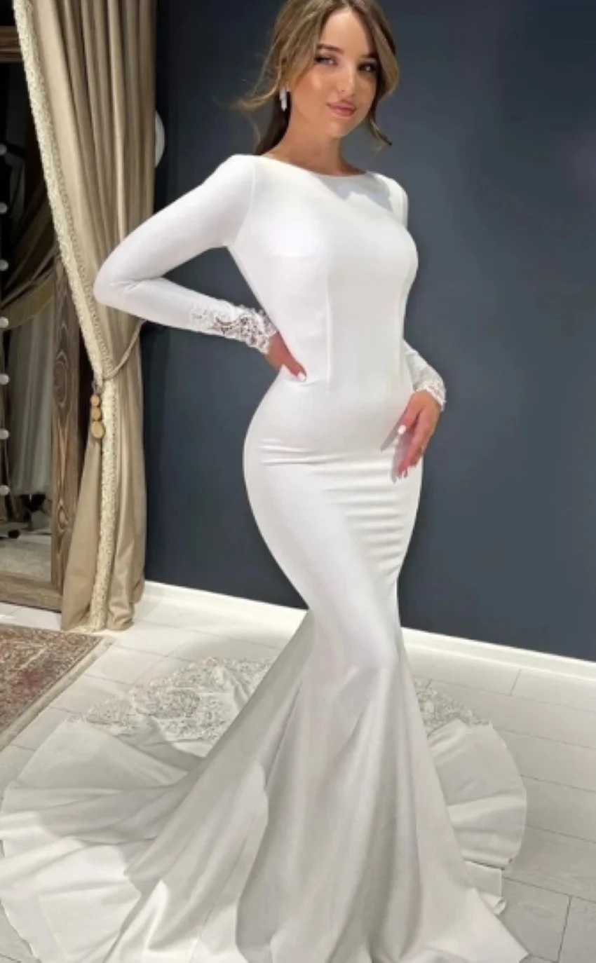 

Long Sleeves Bridal Dresses Custom Made Robe Customize Luxurious Sexy Mermaid Satin Backless Mopping The Floor Wedding Dresses