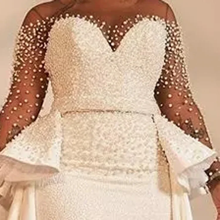 Personalizado africano Nigeria Vestido De Novia De talla grande sobrefalda perlas Peplum ilusión vestidos De Novia De boda Vestido De Novio 2025