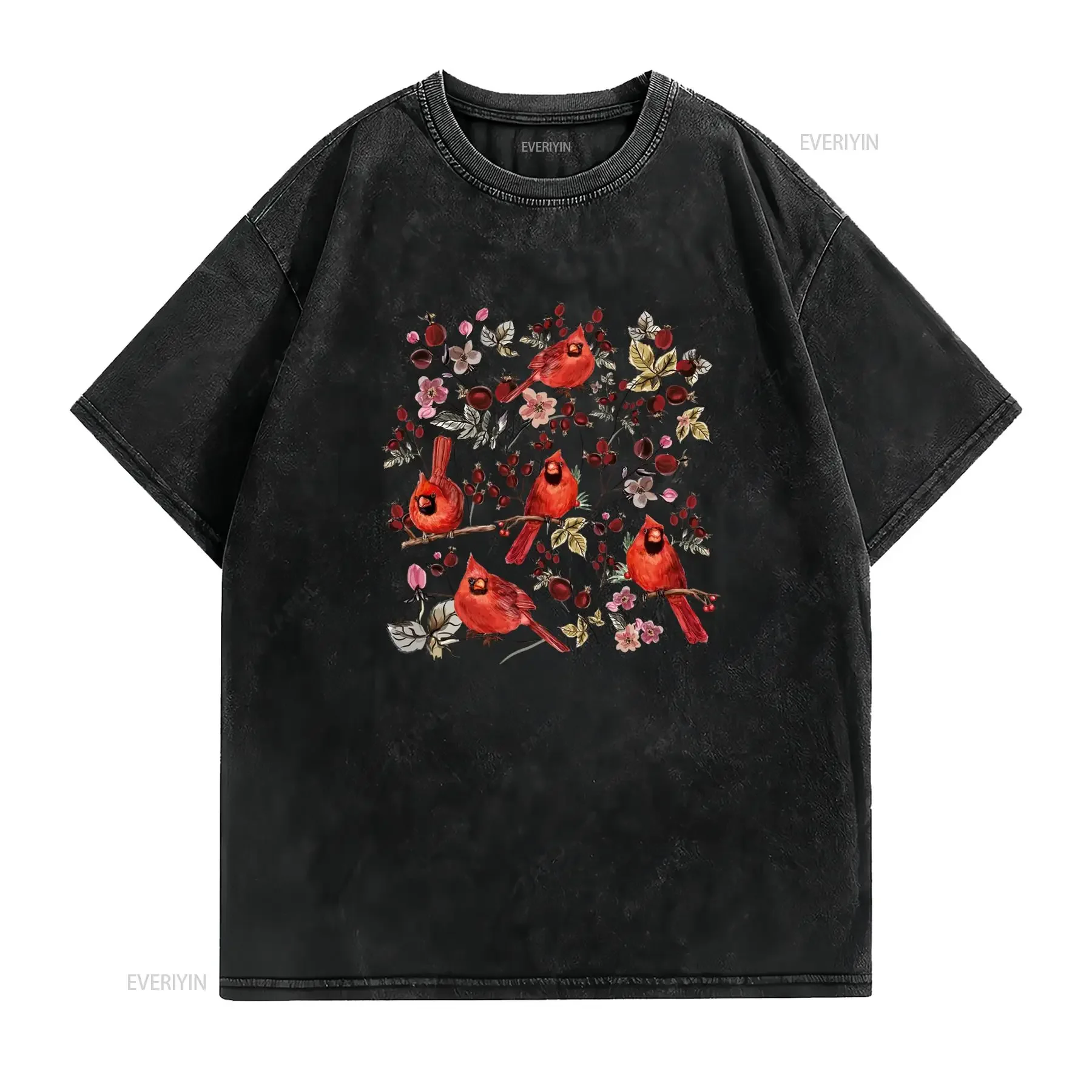 Vintage Watercolor Red Cardinal Bird Wild Flower Berry Botanical Nature Print Casual T Shirt vintage Washed Stretched Slightly