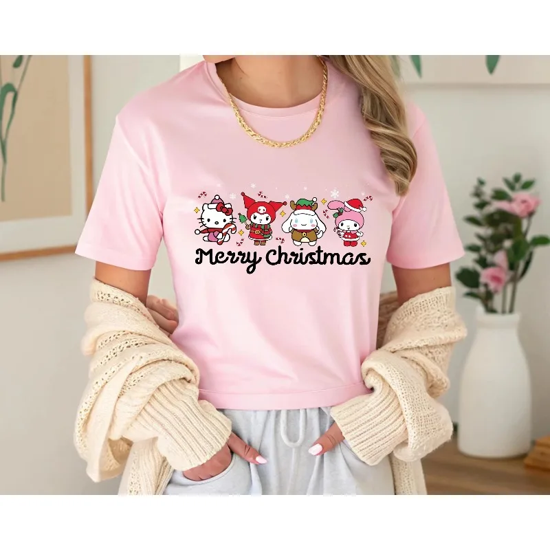 قبعة عيد الميلاد مرحبا كيتي نمط 3D مطبوعة جولة الرقبة طويلة الأكمام فضفاضة مريحة عارضة تنفس التجفيف السريع تي شيرت #2