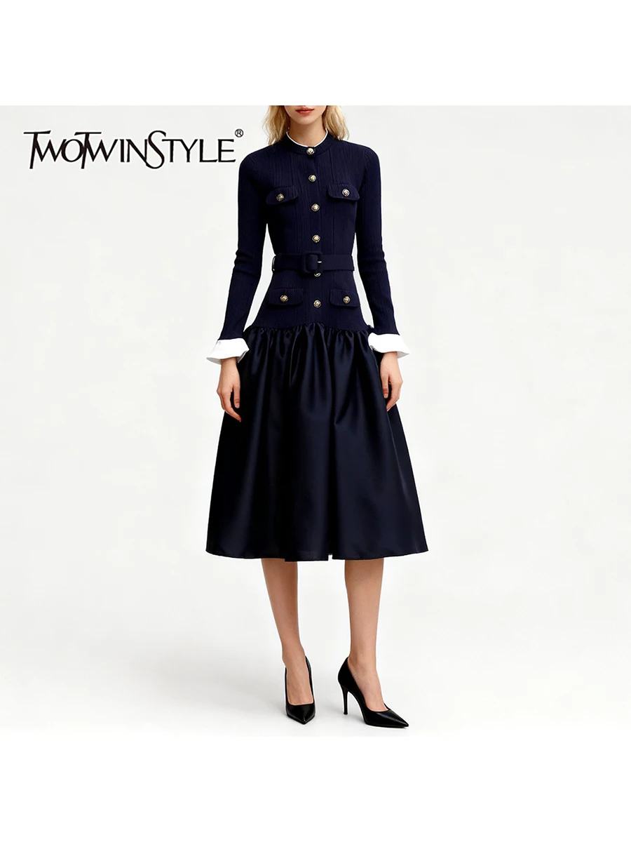 

TWOTWINSTYLE хитовый цвет для похудения, трикотажные платья на пуговицах для женщин, женское платье с круглым вырезом и длинными рукавами в стиле пэчворк