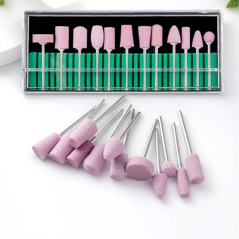 مجموعة مثقاب أظافر كهربائية مكونة من 12 قطعة، لقم كوارتز، قواطع تلميع الأظافر والباديكير، ملفات طحن فنية باللون الوردي