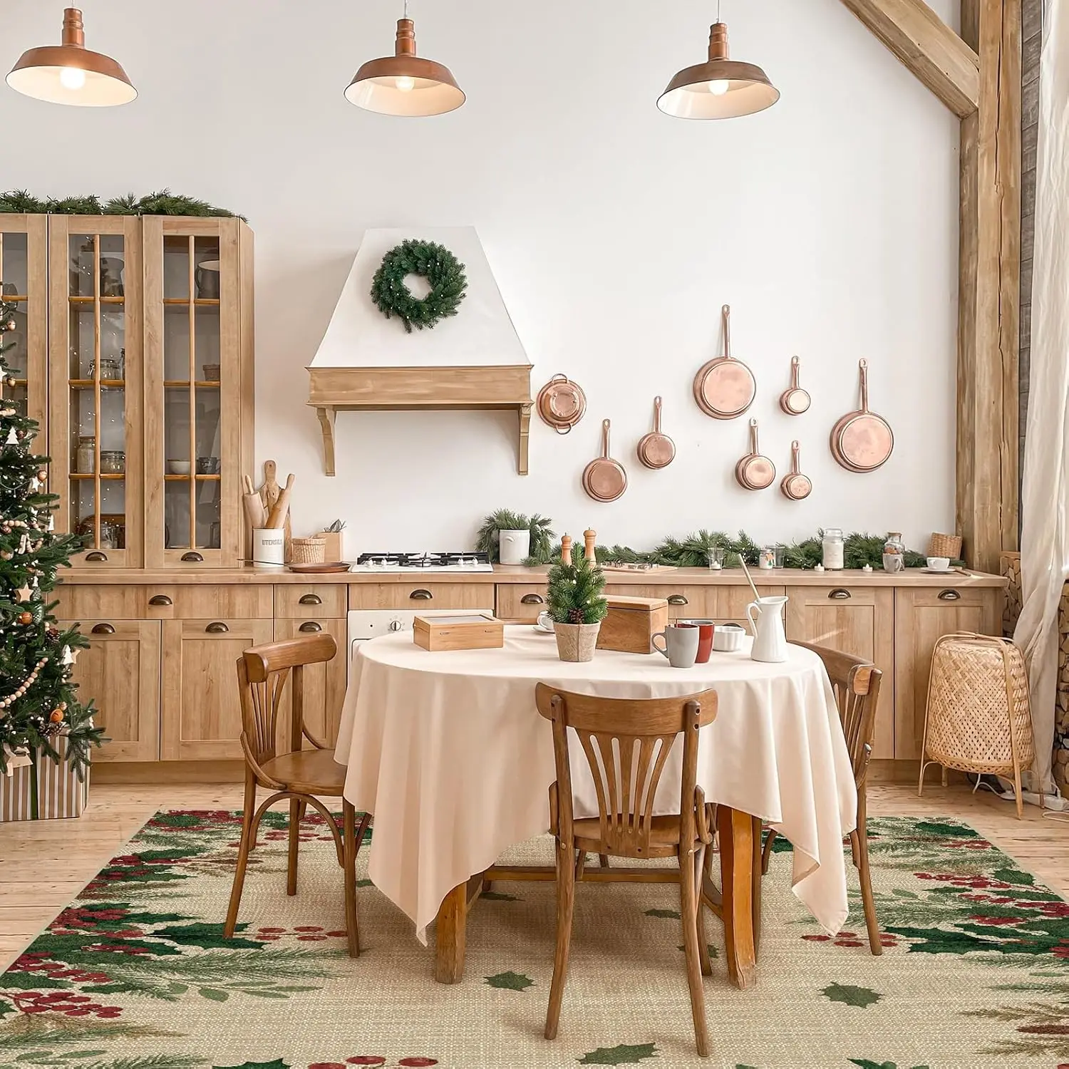 Christmas Area Rug Feet Leaves Holly Pine Red Berry Cabin Southwestern Soft Washable Christmas Rug Xmas Decorative Floor Carpet