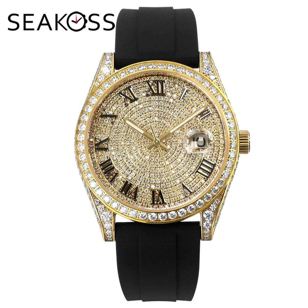 

SEAKOSS 41mm Iced Out Hip Hop Watch Moissanite Diamond Automatic Mechanical Wristwatch 5ATM Waterproof Luxury Men's watches ﻿