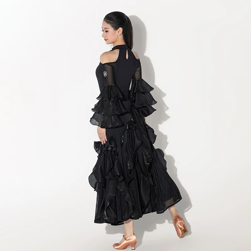 2026 neue Ballroom Dance Wettbewerb Kleidung Für Frauen Lange Ärmeln Lotus Blatt Rand Blume Röcke Anzug Erwachsene Modern Dance Tragen