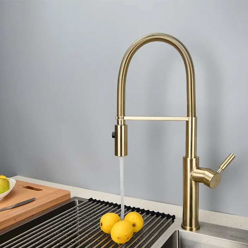 

All-copper kitchen high-bending spring pull-out type double water outlet rotatable pull-out type dishwashing basin sink faucet
