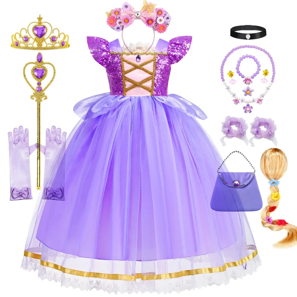 

Girl Rapunzel Dress for Kids Halloween Princess Cosplay Costume for Birthday Party Gift Purple Sequins Mesh Clothing