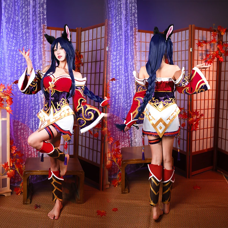 ROLECOS-LOL fantasia de cosplay com peruca feminina, raposa de nove caudas, vestido vermelho, conjunto completo, jogo lol