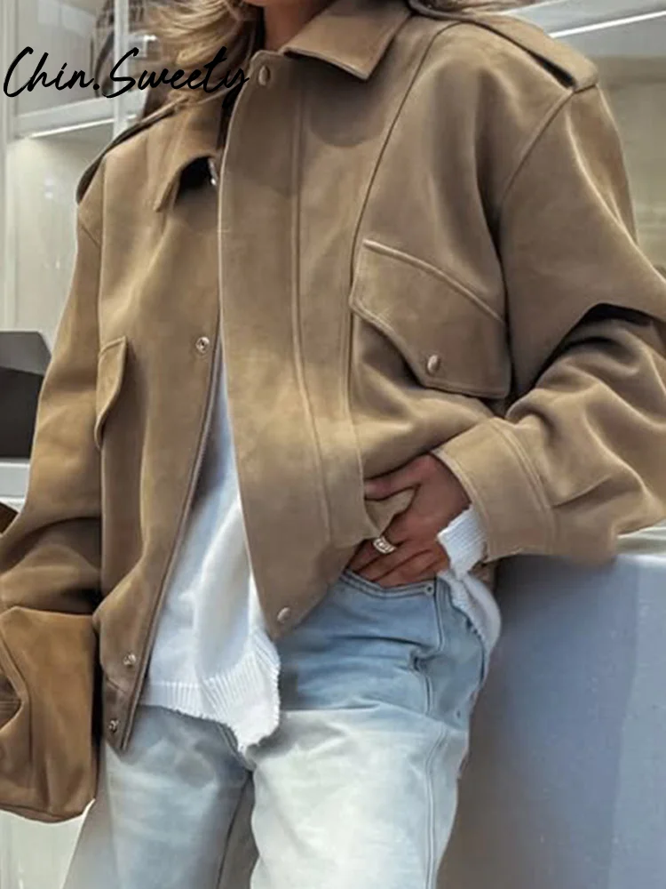 Street Suede Solid Women Jacket Casual Stand Collar Zippers Pocket Long Sleeve Female Overcoat 2025 