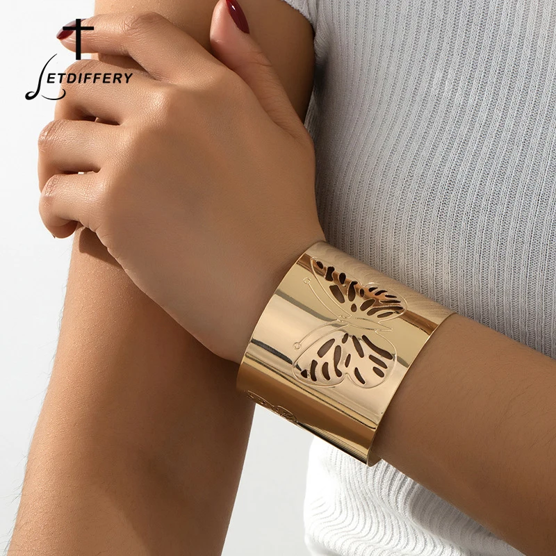 Letdiffery Exaggerated Geometry Butterfly Bangles for Women Stainless Steel Vintage Wide Adjustable Big Bracelets Jewelry Gifts