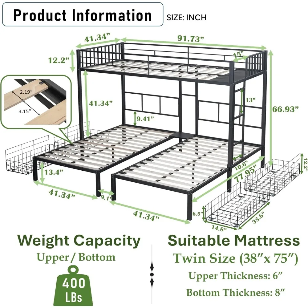 L-Shaped Triple Bunk Bed with Drawers,Can be Divided into 3 Separate Beds w/Safety Textilene Guardrals Ladder,Space SavingDesign