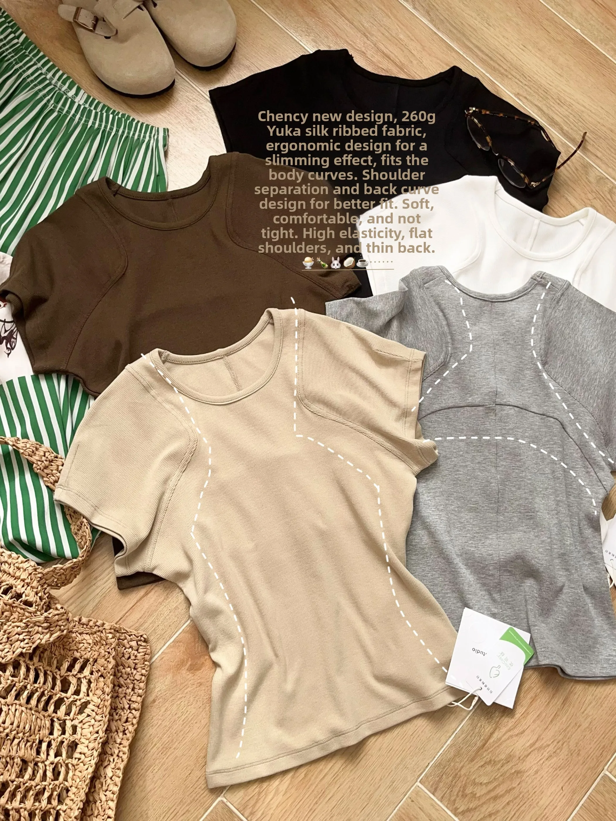 Cheny Home Ucsl Twist Cut Arc Slimming  Color Elastic Basic Short Sleeve T-Shirt Casual Style High Waist Cotton round Neck