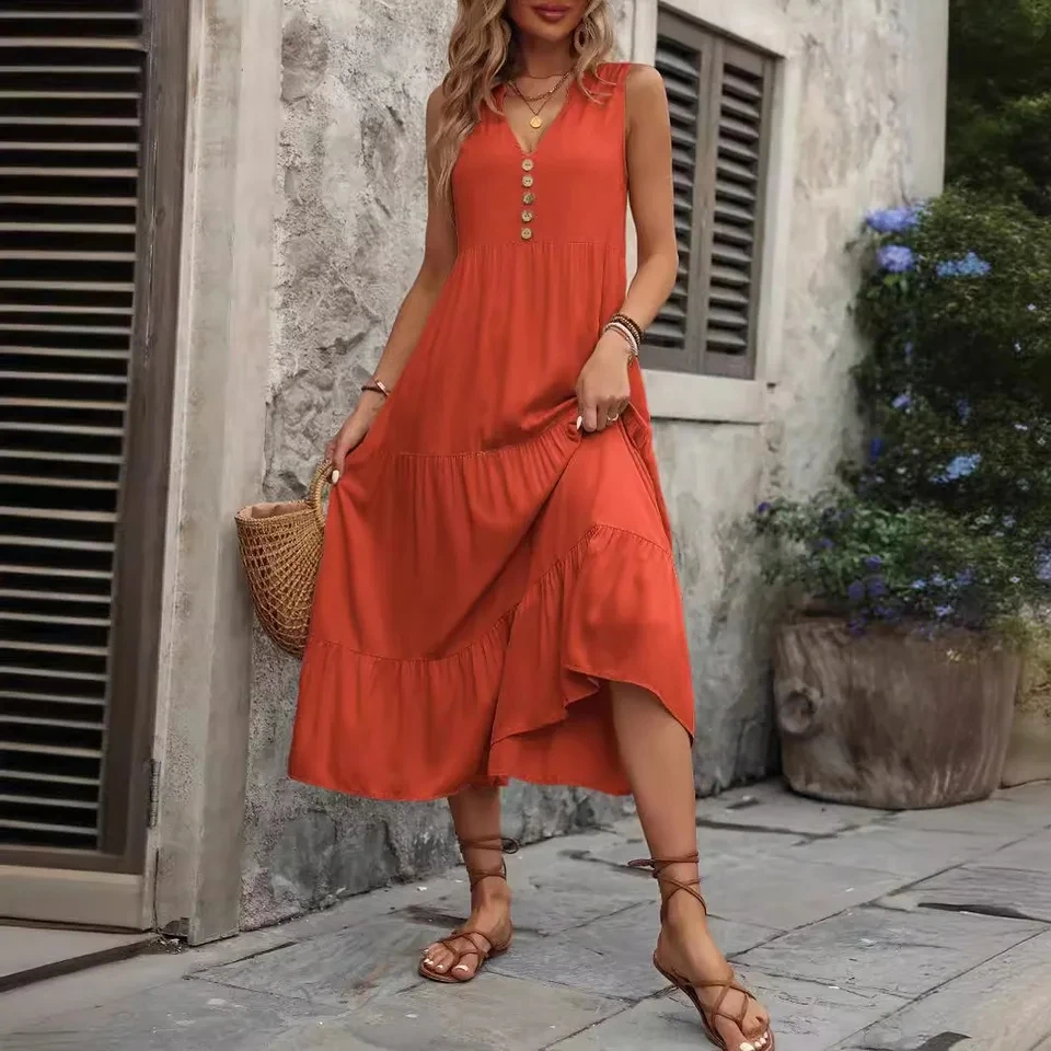 

Fashion Sleeveless V-neck Solid Midi Dress Women 2025 Summer Casual Buttons Office Elegant Dresses For Women Robe Femme