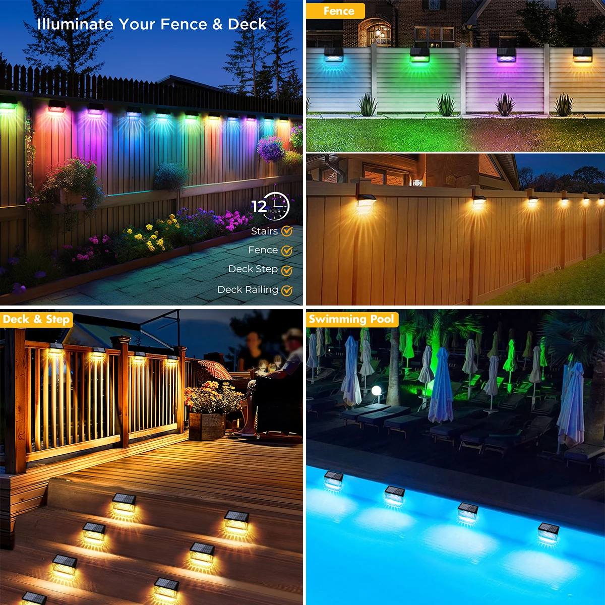 Upgraded Solar Fence Lights Outdoor Solar Deck Light Waterproof Dusk to Dawn Warm White/RGB Solar Powered LED Decor Lights