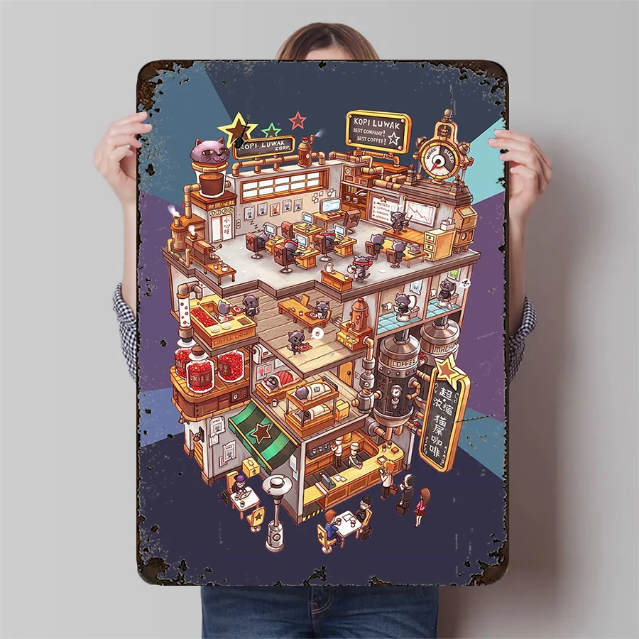 Kopi Luwak Cat Company Illustration Metall Poster Kreative Büro Dekor 6865////"Kopi Luwak Cat Company"