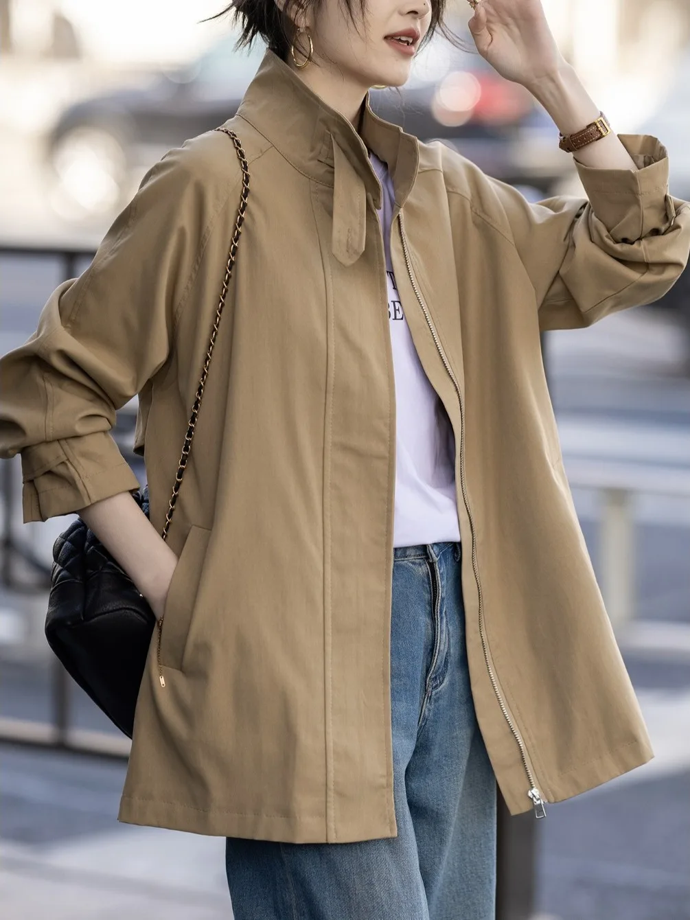 

Khaki Color Women's Jaet Autumn Faionable Long Sve Zipper Closure Casual Loose Fit Windbreaker Outerwear for plus Size