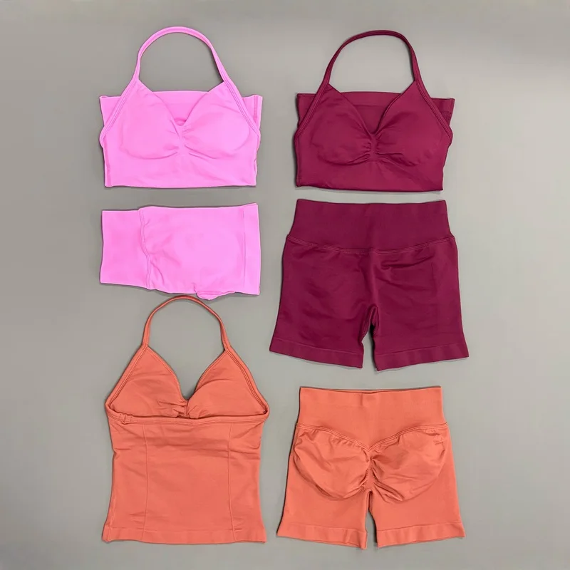2-teiliges Yoga-Set für Damen, langes Trägertop, gerippte, nahtlose Sportshorts, Lauf- und Fitness-Workout-Sportbekleidung