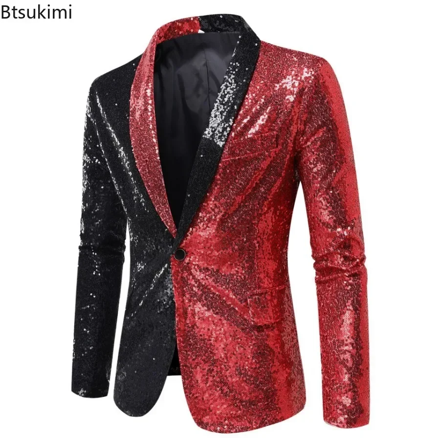 2025Men's Patchwork Sequins Tuxedo Blazers Stylish Shiny Shawl Lapel One Button Blazer Suit Jacket Men Disco Party Stage Costume