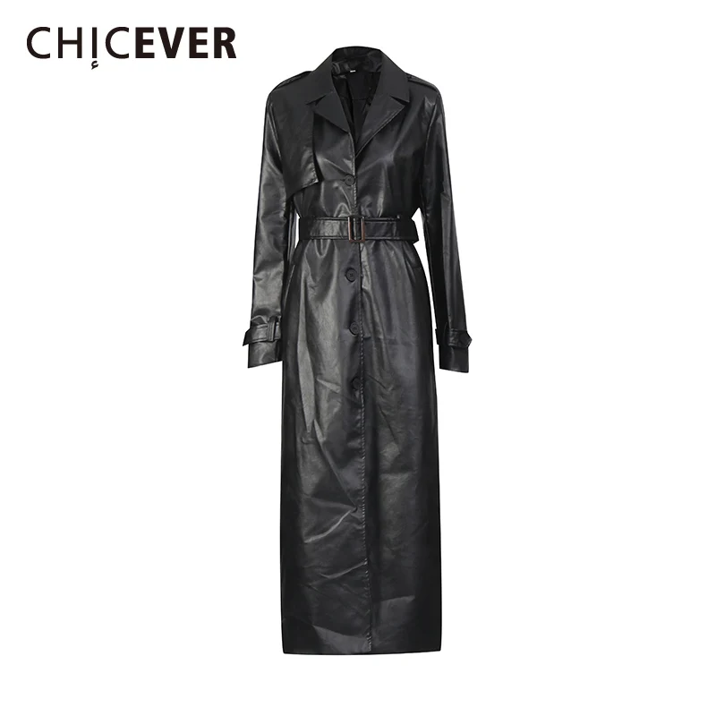 

CHICEVER черная кожаная куртка с поясом, женская куртка с лацканами и длинными рукавами, утягивающая уличная одежда, женские куртки, осенняя мода