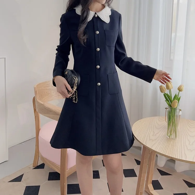 

Ele Lace Petal Collar A-Line Dr Two Colors Commute Sle Long Sve Single Button Closure Polyester Fiber Autumn Spri...