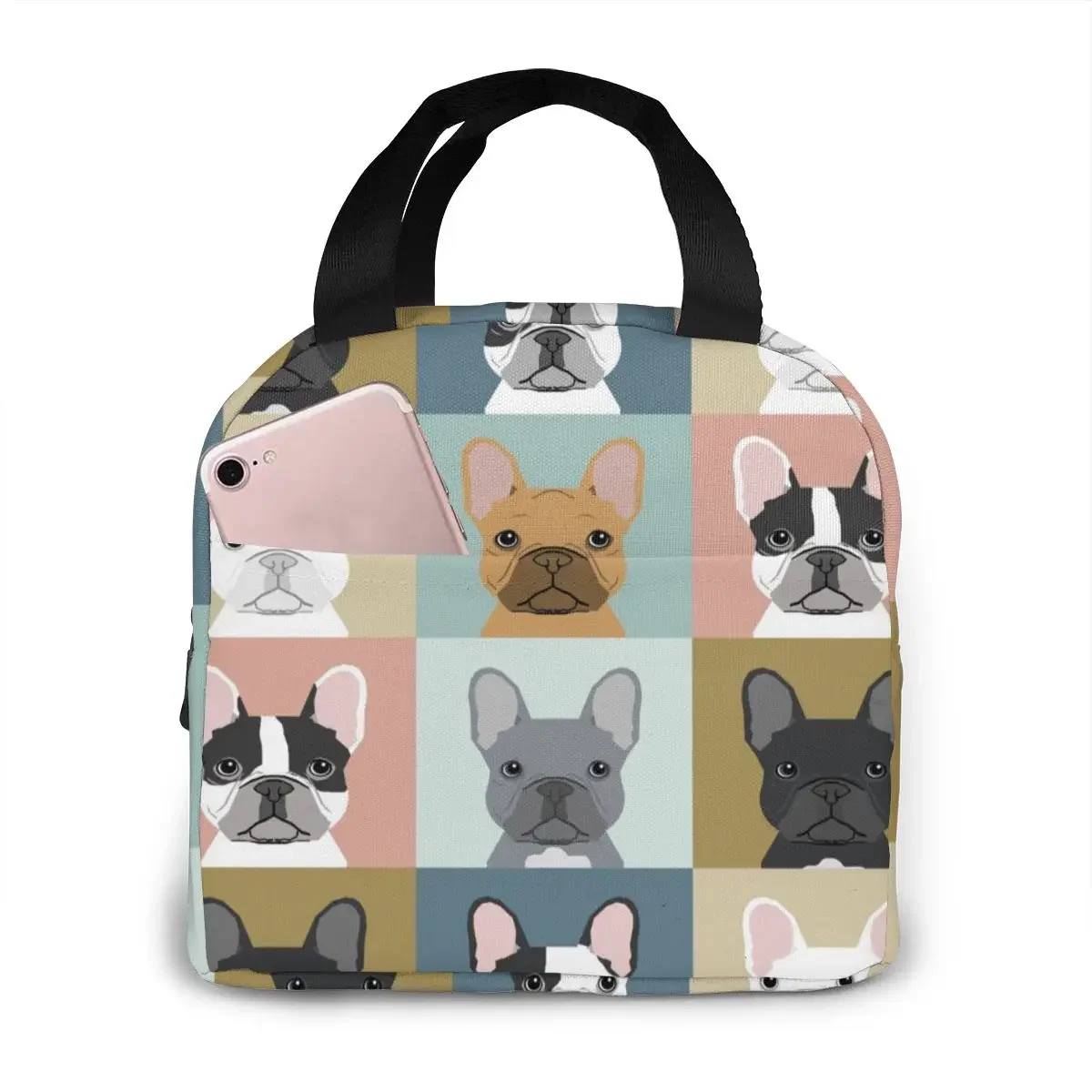 Cute French Bulldog Print Lunch Bag For Women Portable Insulated Canvas Thermal Food Lunch Bags Women Kids Picnic Bag Totes