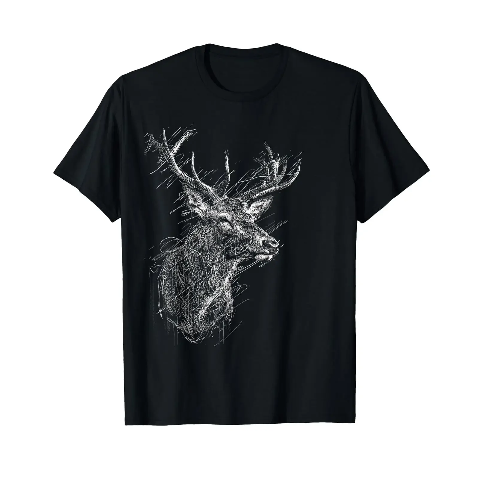 Deer Drawing Animal Zoo Illustration T Shirt Black S vintage Washed graphic Breathable Soft homme Slightly Versatile
