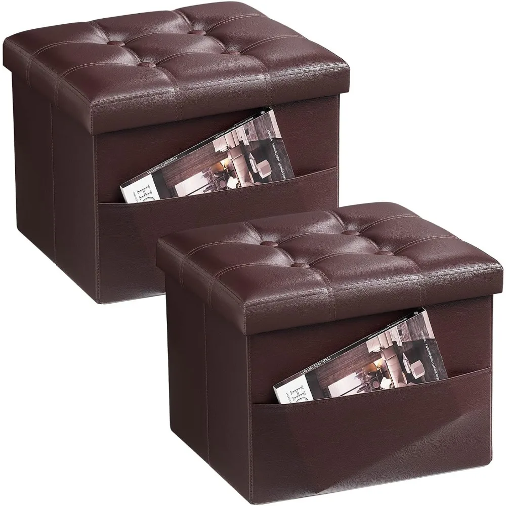 

2-piece Folding Storage Footstool with Side Pockets, 16 Inch Leather Footstool Seat, Brown Ottoman Stool with Storage Function