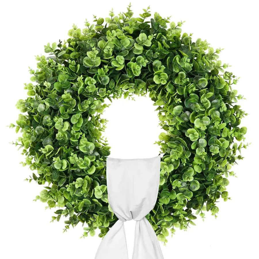 

24 Inch Artificial Front Door Boxwood Wreath, Spring Summer Wreaths for Front Door, Large Green Wreath with Sash for Farmhouse W