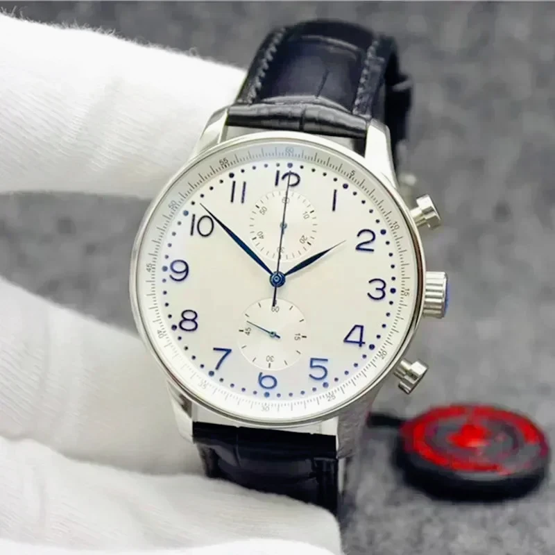 

43mm Size Mens Quartz Chronograph Watches Portugueses Styling Reliable VK63 Core Elegant Black White Dial Premium Leather Band