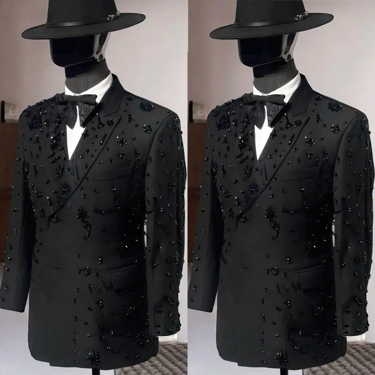 Beads Men Wedding Tuxedos Double Breasted Black Beading Red Carpet Runway Show Outfits One Jacket Coat