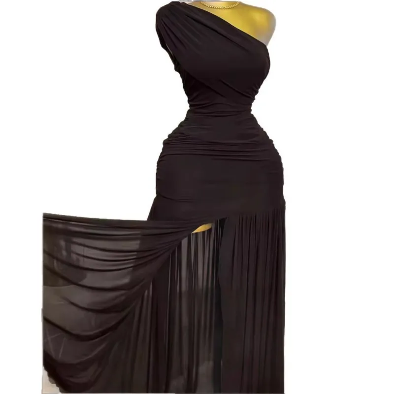 Women Long Dress Elegant Summer Sleeveless Slope Neck Pleated Slim Fit Slit Party Dresses One Shoulder High Waist Evening Dress