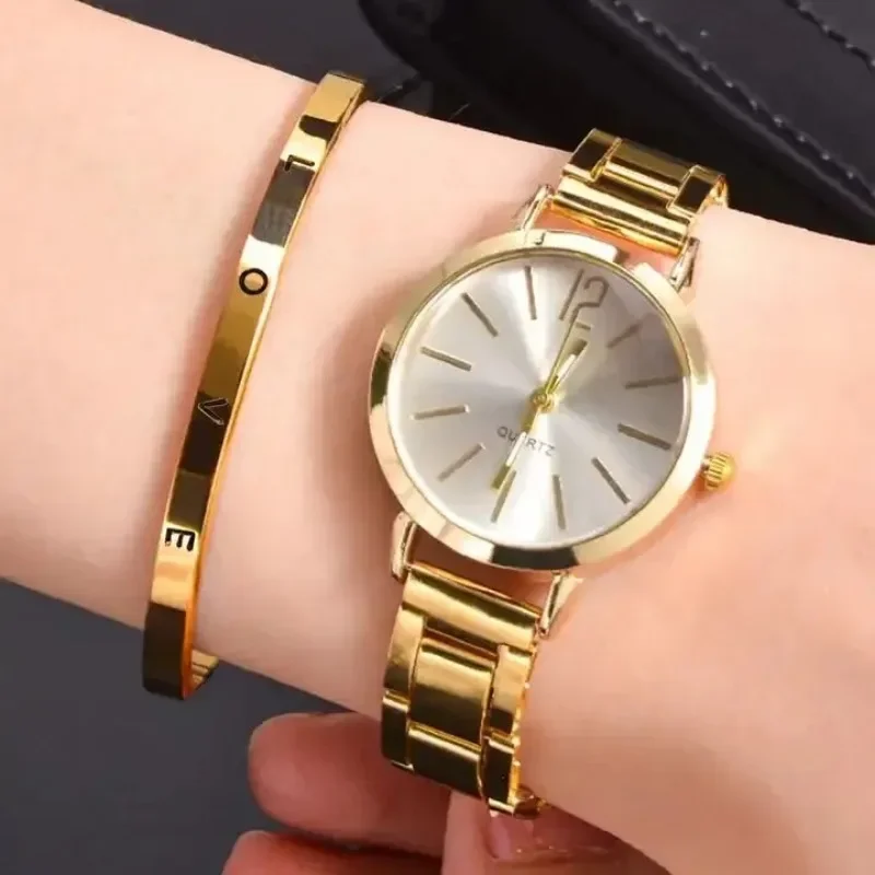 Fashion Часы Gold Graduated Compact Women's Quartz Watch and LOVE Bracelet Set Watches Gift Daily Travel Wear Relojes Para Mujer