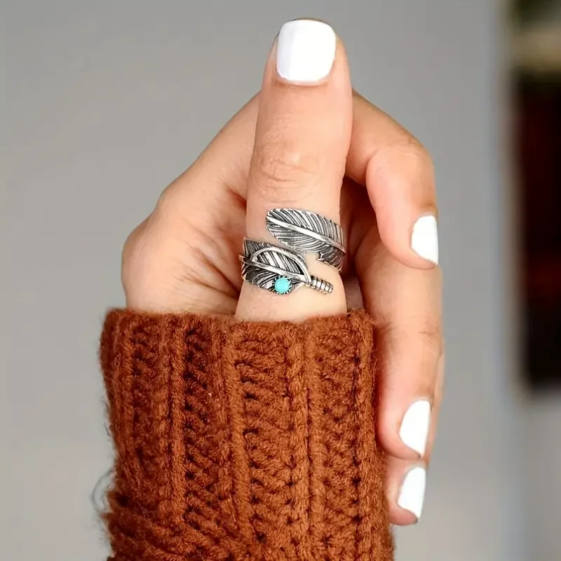 Vintage-Inspired Boho Chic Turquoise Feather Open Ring for Women Synthetic Gemstone Alloy Construction No Plating Unique Bohemia