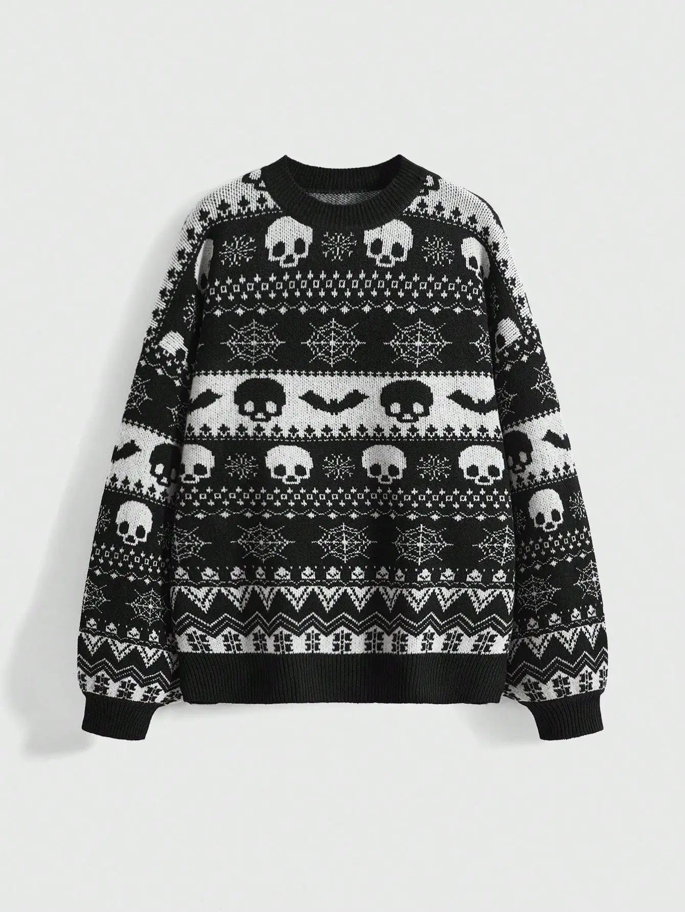 

Gothic Skull & Bat Jacquard Knit Pullover Sweater for Women, Loose Fit Round Neck, Autumn Winter Casual