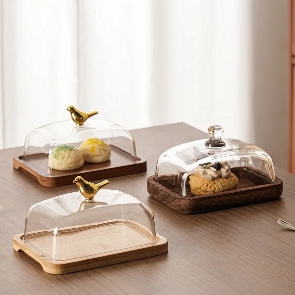 

Rectangular Acacia Wood Butter Plate Glass Cover Cheese Butter Plate Snack Cake Dessert Plate Butter Box Tableware