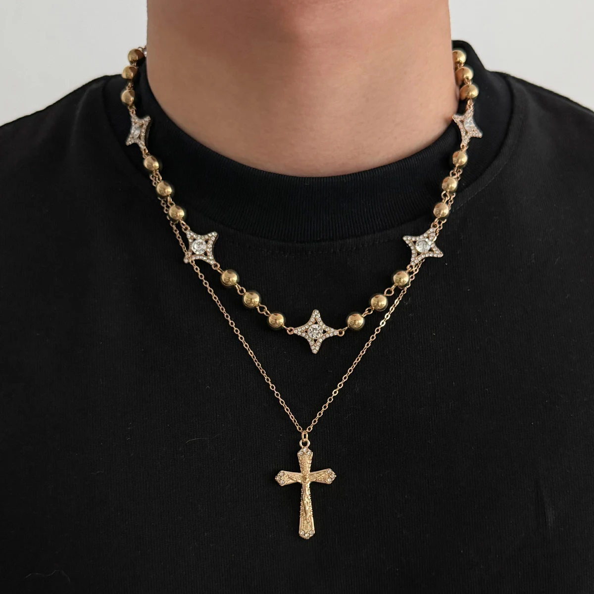SHIXIN 2 Pcs/Set Exquisite Luxury Rhinestone Four Pointed Star Necklace Men Punk Gold Color Cross Pendant Choker Street Jewelry