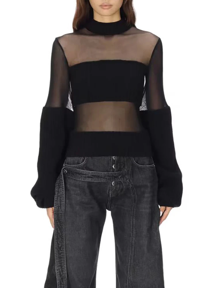 

Women's clothing Y2K autumn and winter ribbed mesh patchwork see-through wool pullover 2025 new long-sleeved top sweater woman