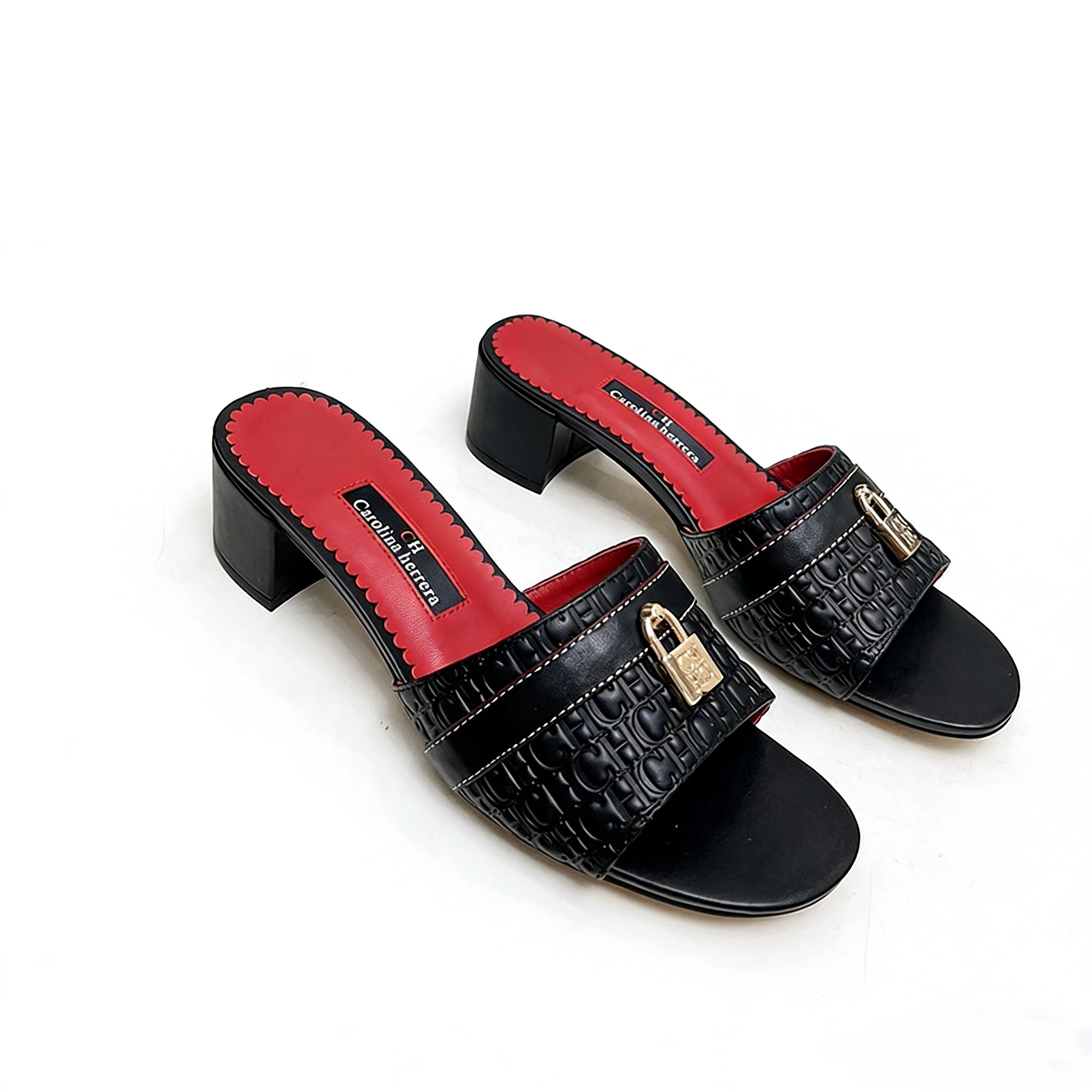 

Женские люксовые черно-красные мюли-сандалии CH с тисненым кожаным верхом, металлической пряжкой и блочным каблуком для повседневной носки