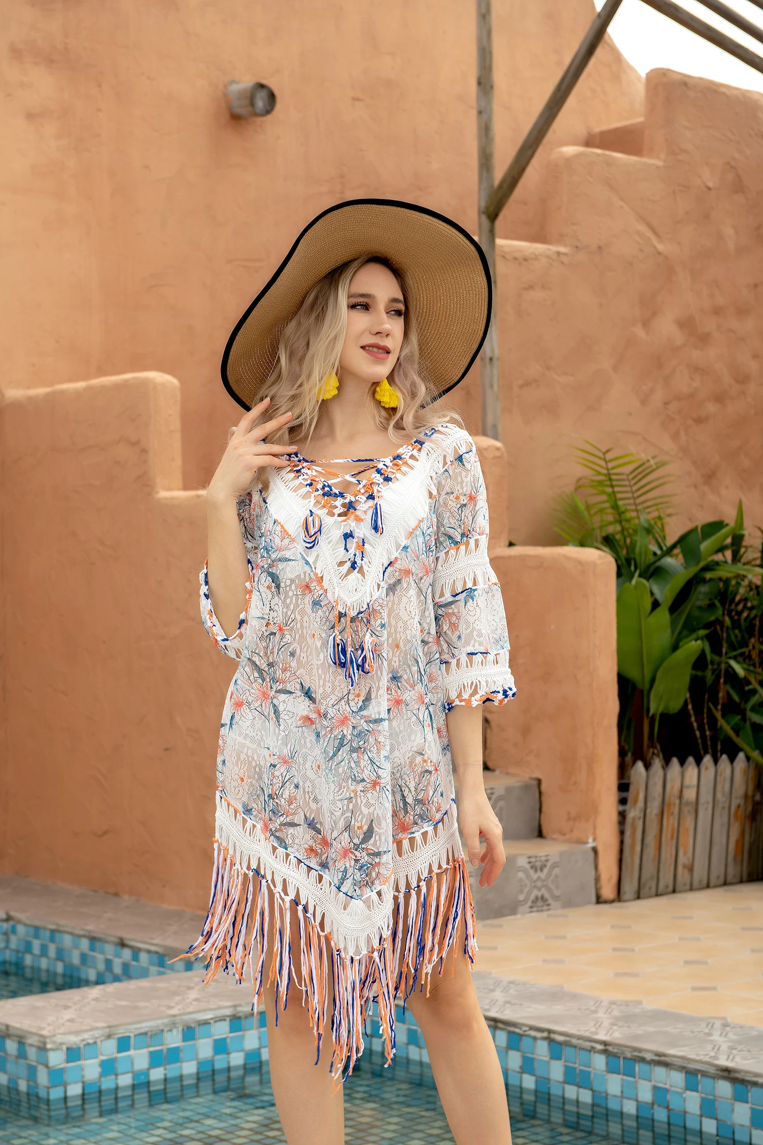 Flowers Printing Women Summer Beach Dress Bikini Cover Up Blue Orange Hollow Hand Crochet Patchwork Tassels V-neck Beachwear