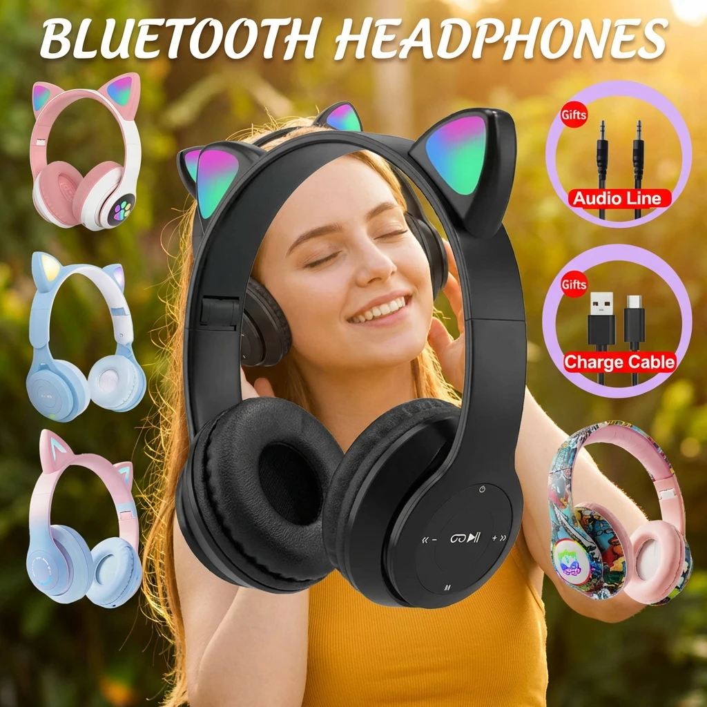 Cat Ear Bluetooth Headset Led - Słuchawki Bezprzewodowe z Kocimi Uszami, Lampką