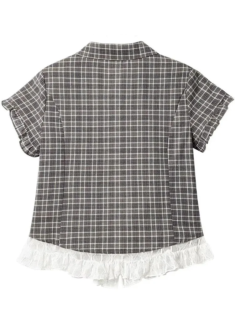 Lace Patchwork Plaid Shirt Women Summer Sweet Short Sleeve Vintage Blouse Slim Sweet Retro Japan Kawaii Female Cute Casual Tops image 4