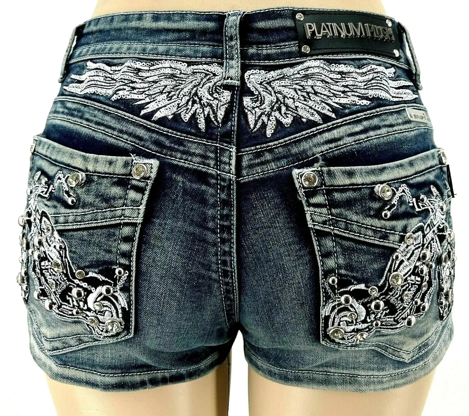 Y2K Retro Fashion Cross Rhinestone Embroidery Denim Shorts
