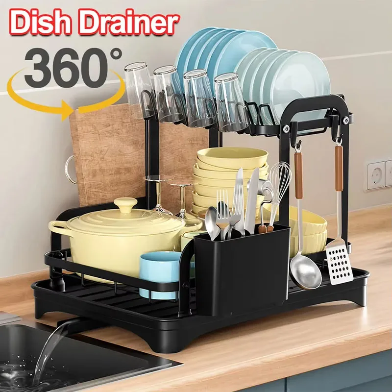 New2025 360° rotating storage rack double-layer kitchen tableware drying rack with drain tableware storage rack for tableware